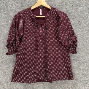 Belita Blouse Women L Large Red Polka Dot V-Neck 3/4 Sleeve 1/2 Button Casual